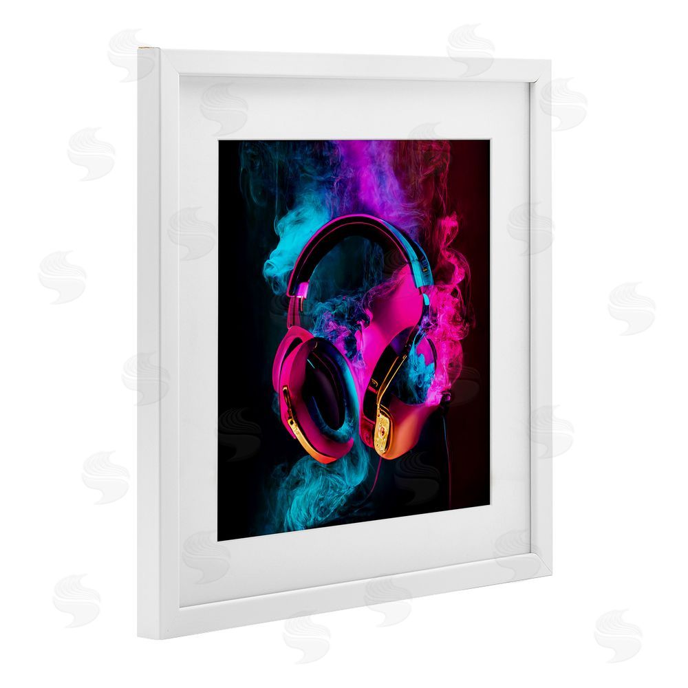 Sasha Power Play Pink & Blue Headphones White Framed Print Under Glass Wall Art