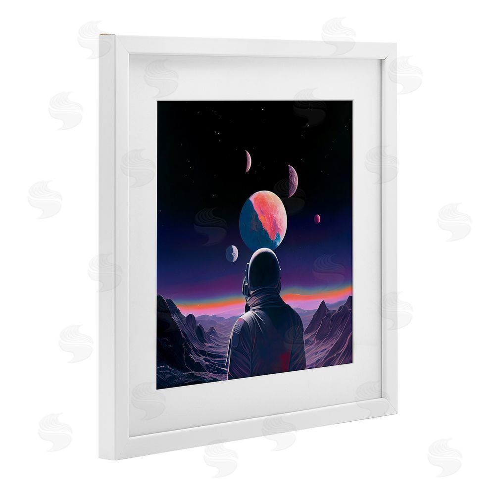 Sasha Astronaut & Purple Toned Terrain White Framed Print Under Glass Wall Art