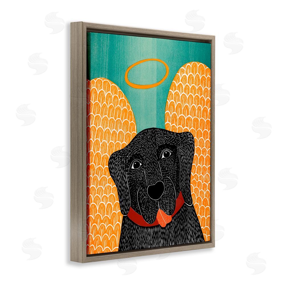 Stephen Huneck Dog Angel with Yellow Wings Brown Floating Frame Canvas Wall Art Print