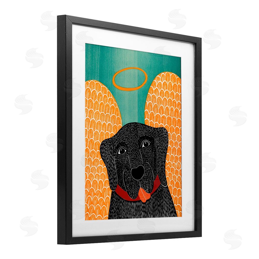 Stephen Huneck Dog Angel with Yellow Wings Black Framed Print Under Glass Wall Art