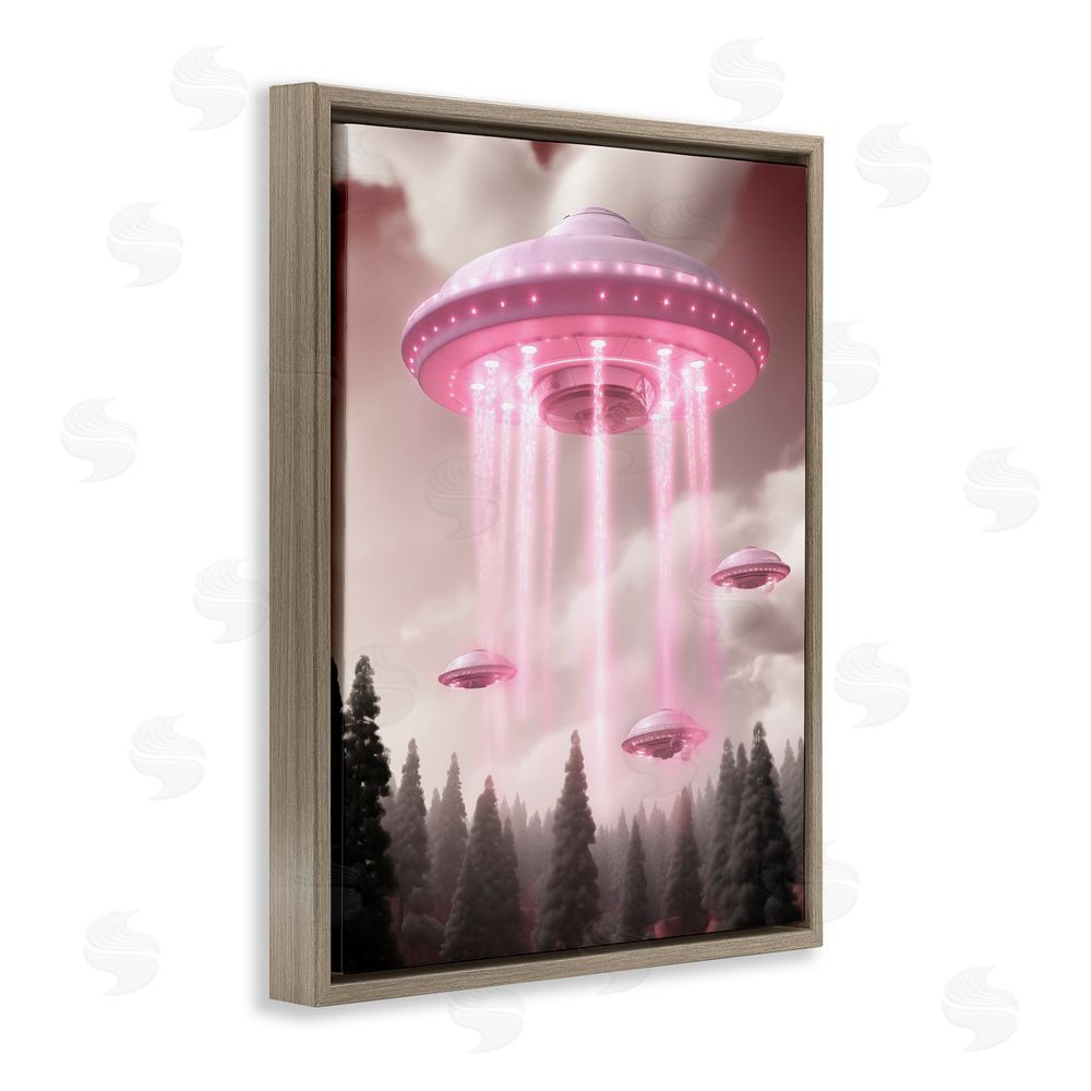 Sasha Glam UFO with Pink Beams Brown Floating Frame Canvas Wall Art Print