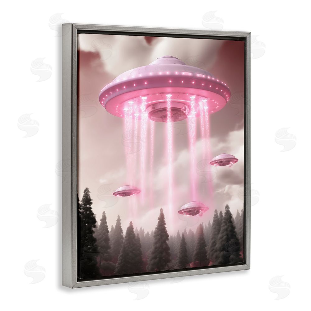 Sasha Glam UFO with Pink Beams Gray Floating Frame Canvas Wall Art Print