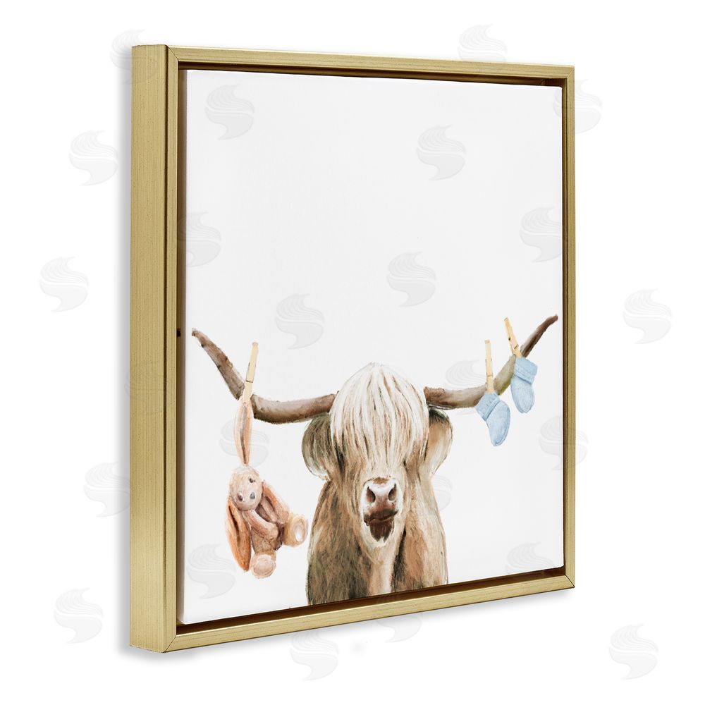 Ali Lynne Highland Cow Baby Boy Gold Floating Frame Canvas Wall Art Print