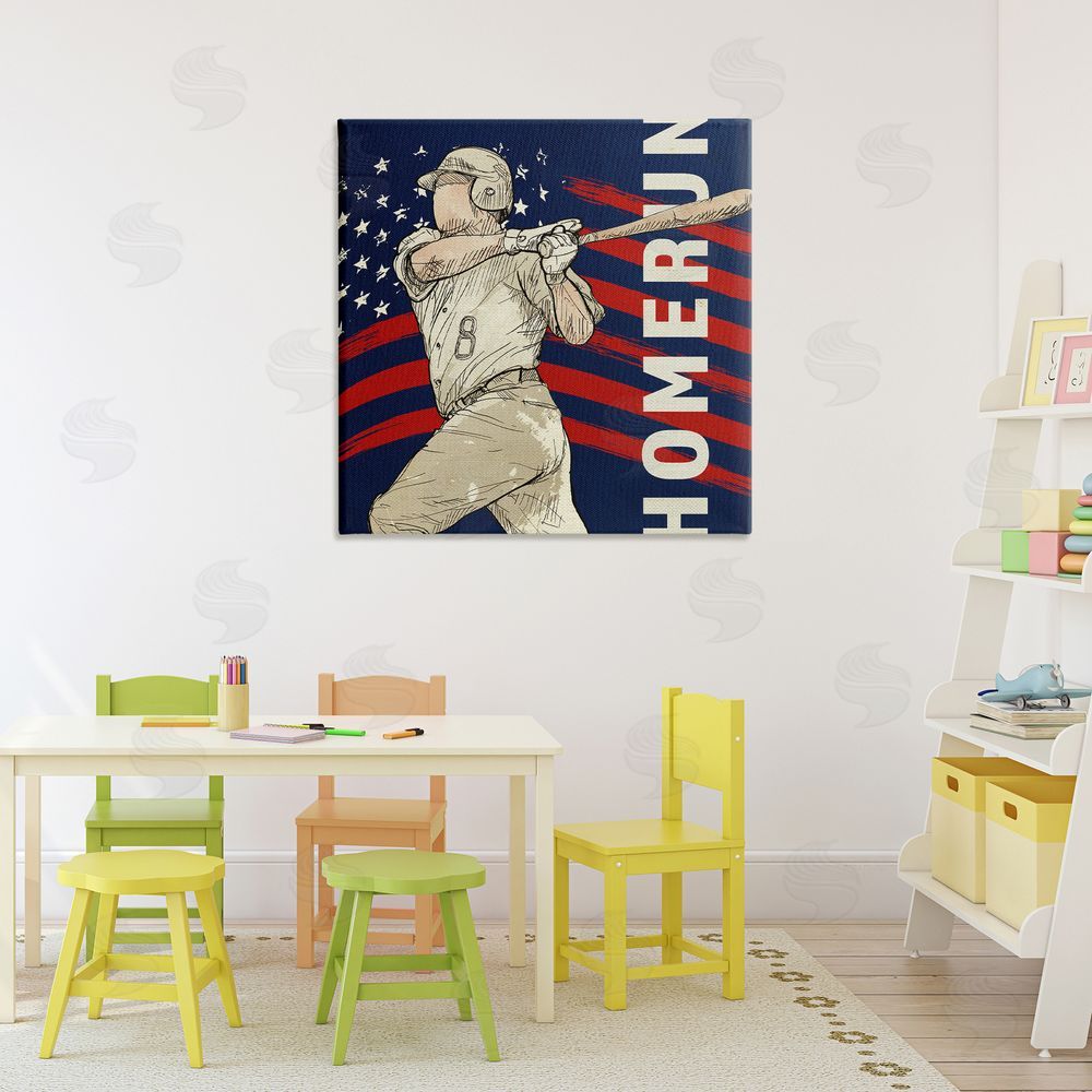 LightBoxJournal Patriotic Home Run Baseballer Stretched Canvas Wall Art Print in Room