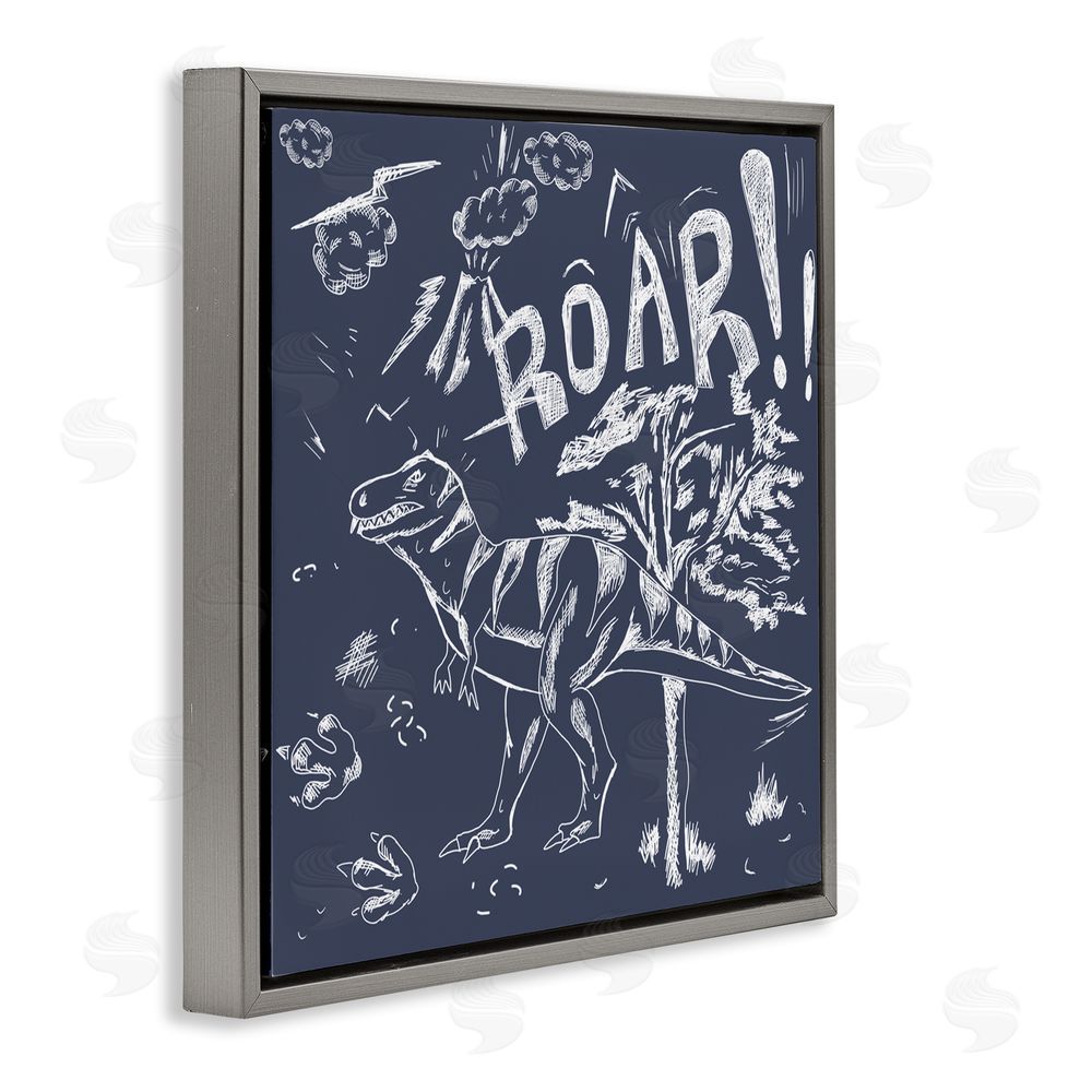 HUE and MI and Sangita Sketchy Roar Dinosaur Gray Floating Frame Canvas Wall Art Print