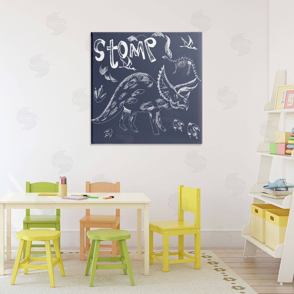 HUE and MI and Sangita Sketchy Stomp Dinosaur Stretched Canvas Wall Art Print in Room