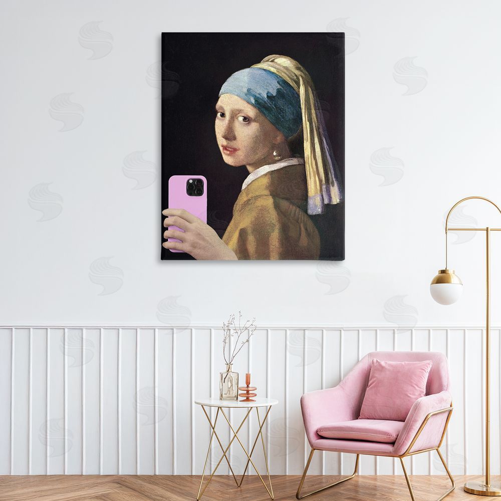Masters Redux Girl With Pink Phone Funny Stretched Canvas Wall Art Print in Room