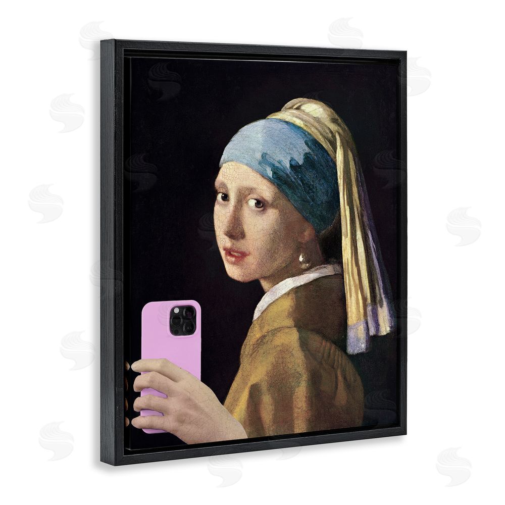 Masters Redux Girl With Pink Phone Funny Black Floating Frame Canvas Wall Art Print