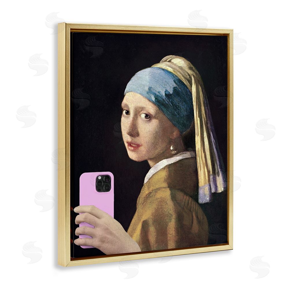 Masters Redux Girl With Pink Phone Funny Gold Floating Frame Canvas Wall Art Print