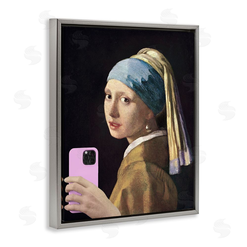 Masters Redux Girl With Pink Phone Funny Gray Floating Frame Canvas Wall Art Print