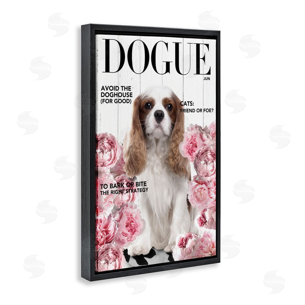 Sasha Funny Floral Dog Magazine Black Floating Frame Canvas Wall Art Print