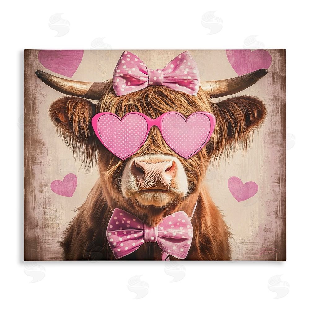 Shawna Stewart Cute Cattle Pink Hearts Stretched Canvas Wall Art Print