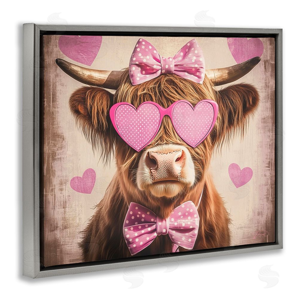 Shawna Stewart Cute Cattle Pink Hearts Gray Floating Frame Canvas Wall Art Print