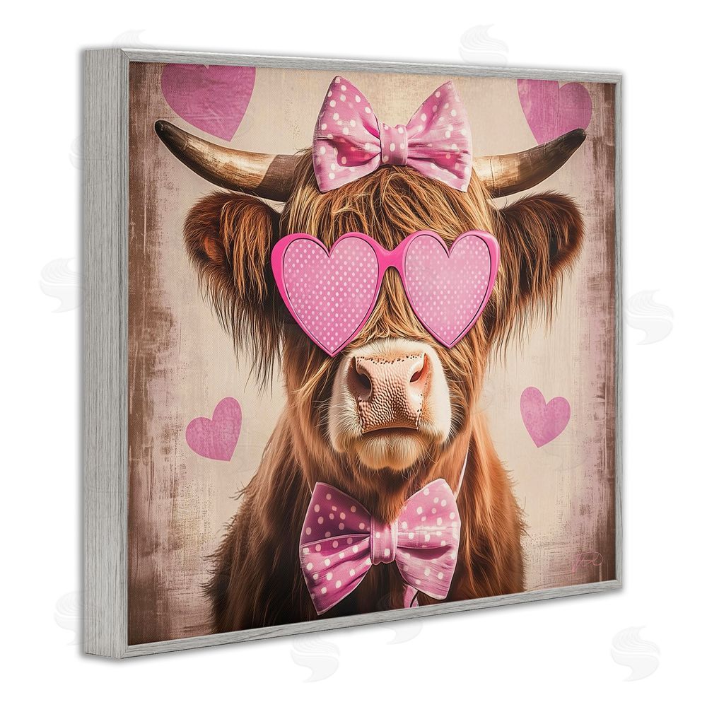 Shawna Stewart Cute Cattle Pink Hearts Gray Framed Giclee Print Wall Art