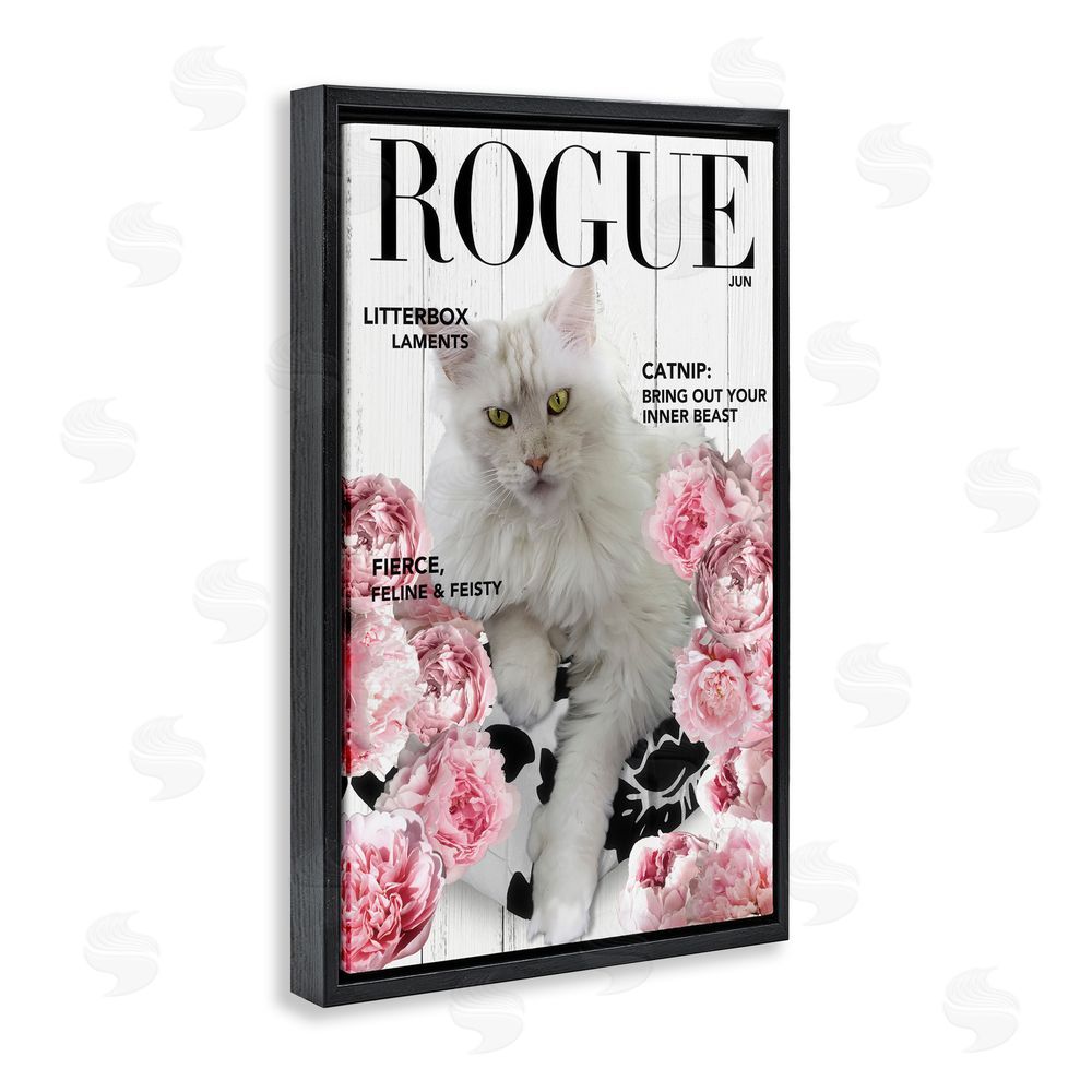 Sasha Funny Floral Cat Magazine Black Floating Frame Canvas Wall Art Print