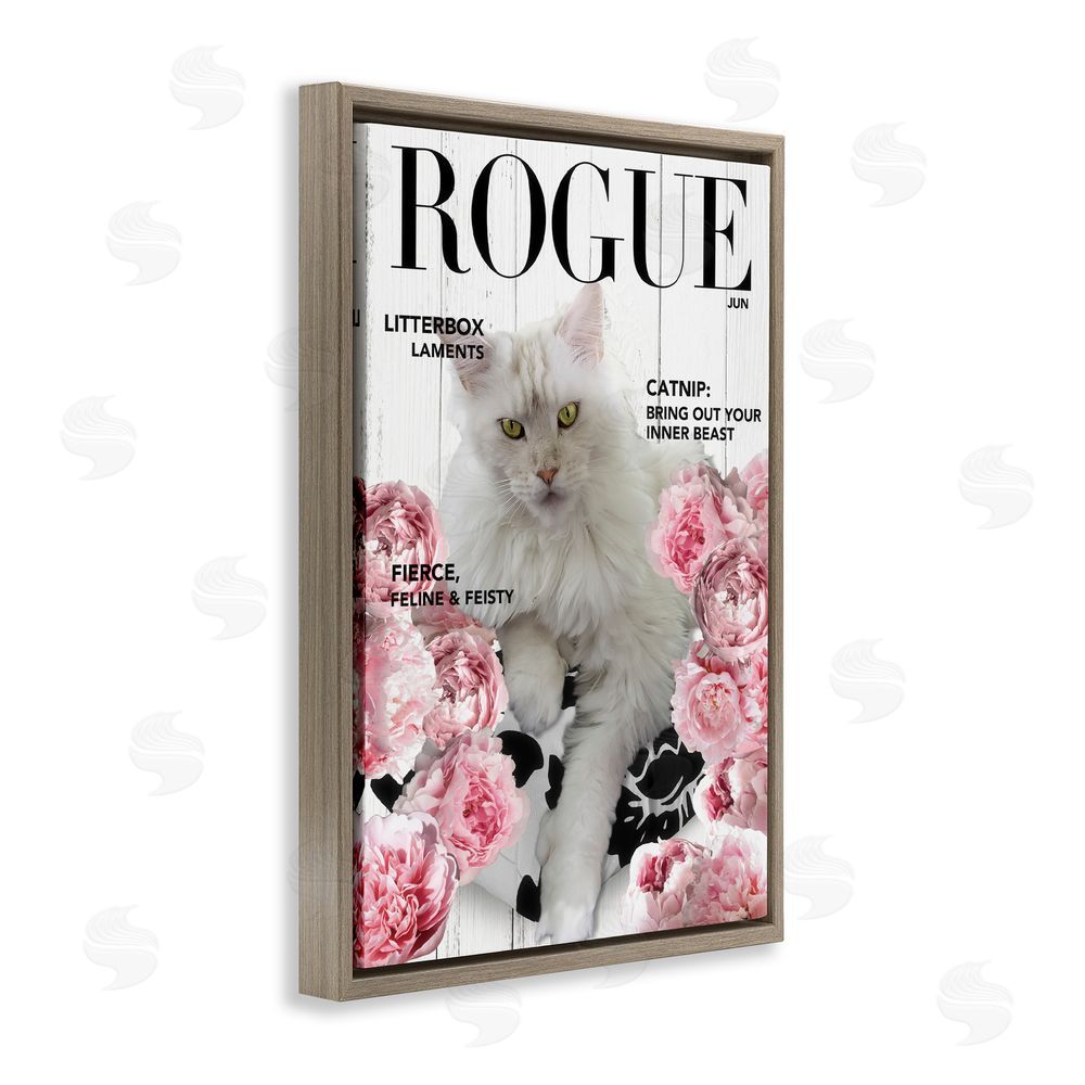 Sasha Funny Floral Cat Magazine Brown Floating Frame Canvas Wall Art Print