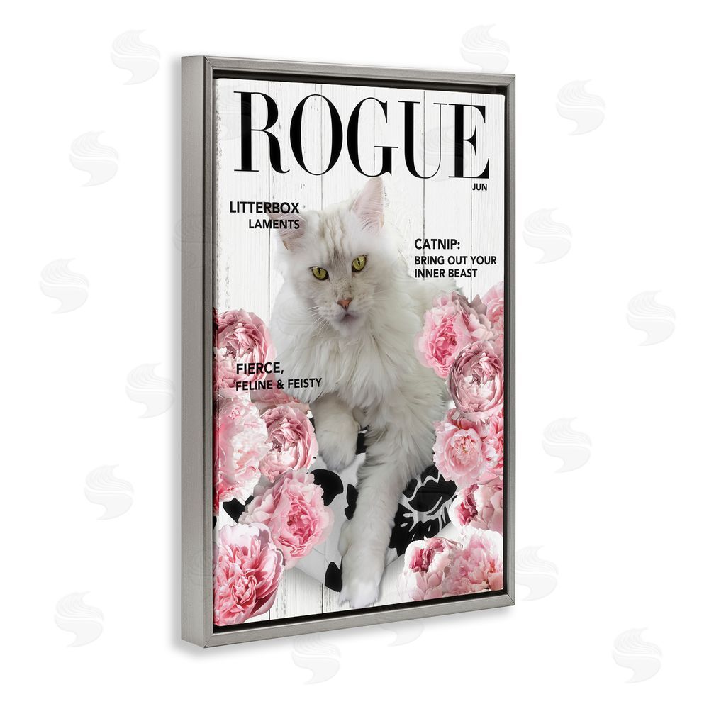 Sasha Funny Floral Cat Magazine Gray Floating Frame Canvas Wall Art Print
