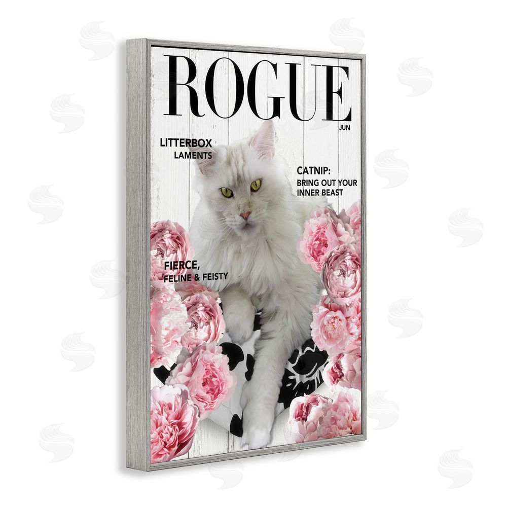 Sasha Funny Floral Cat Magazine Gray Framed Giclee Print Wall Art