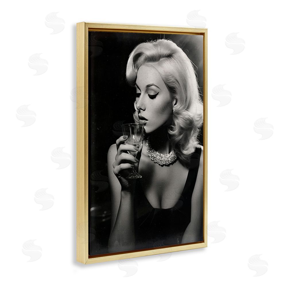 Decent Exposures Classic Woman & Martini Gold Floating Frame Canvas Wall Art Print