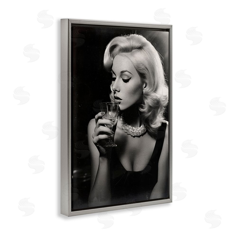Decent Exposures Classic Woman & Martini Gray Floating Frame Canvas Wall Art Print