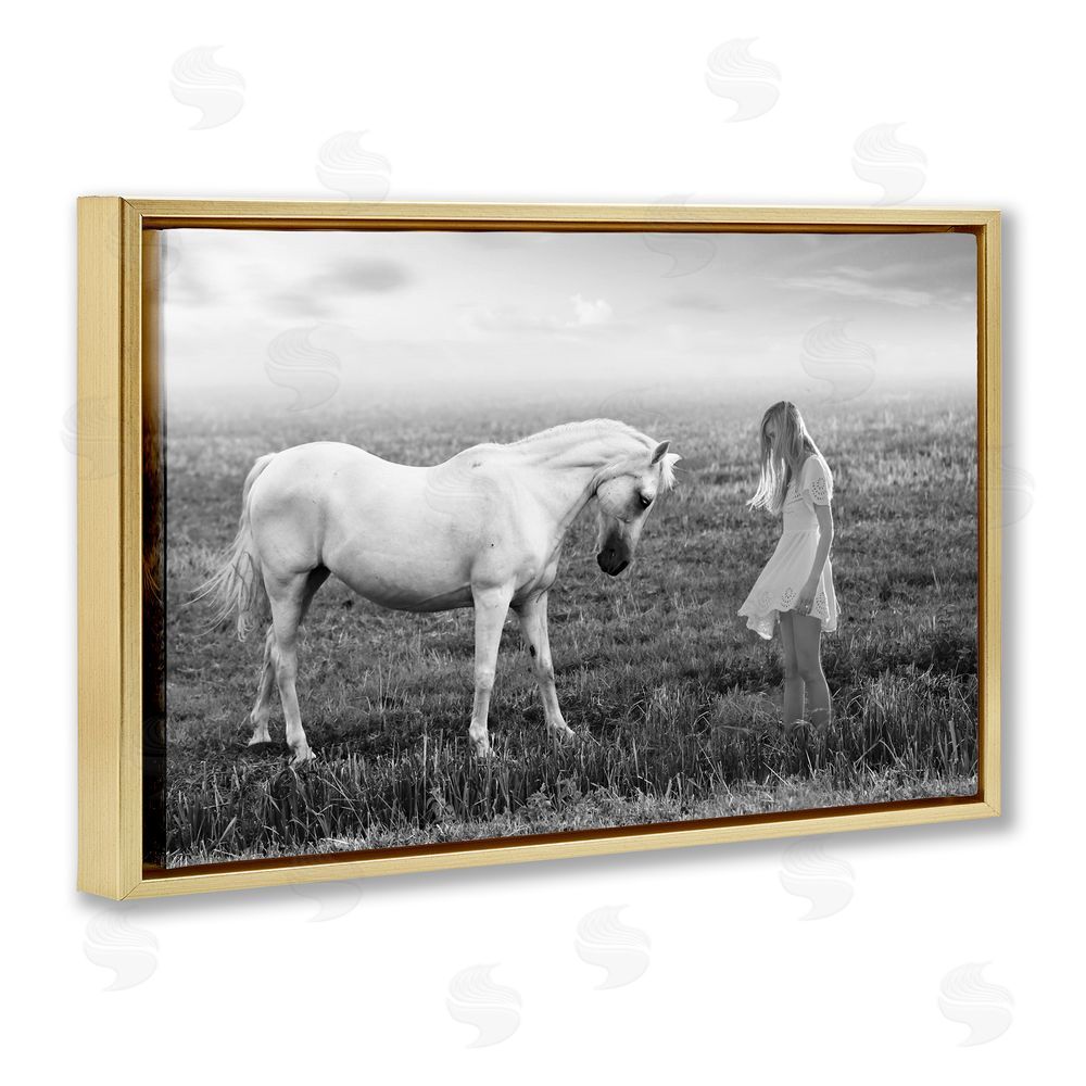 Ata Alishahi Her White Horse Gold Floating Frame Canvas Wall Art Print
