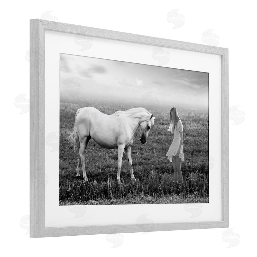 Ata Alishahi Her White Horse Gray Framed Print Under Glass Wall Art