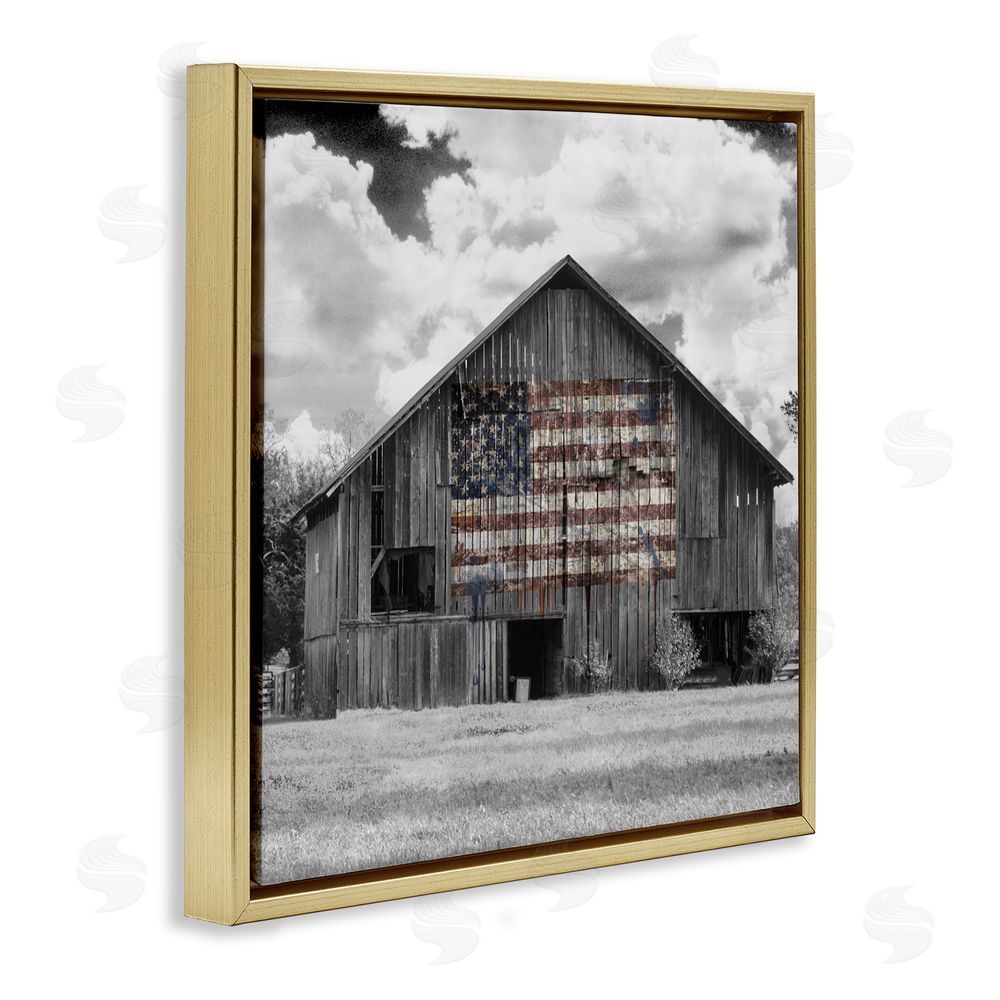 Decent Exposures USA Flag Monochrome Barn Gold Floating Frame Canvas Wall Art Print
