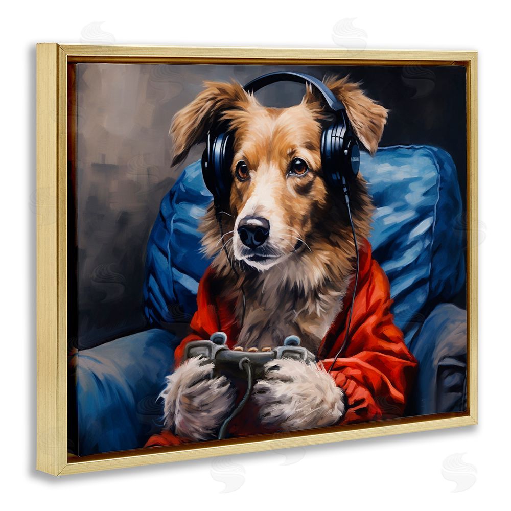 Shawna Stewart Game Master Dog Gold Floating Frame Canvas Wall Art Print