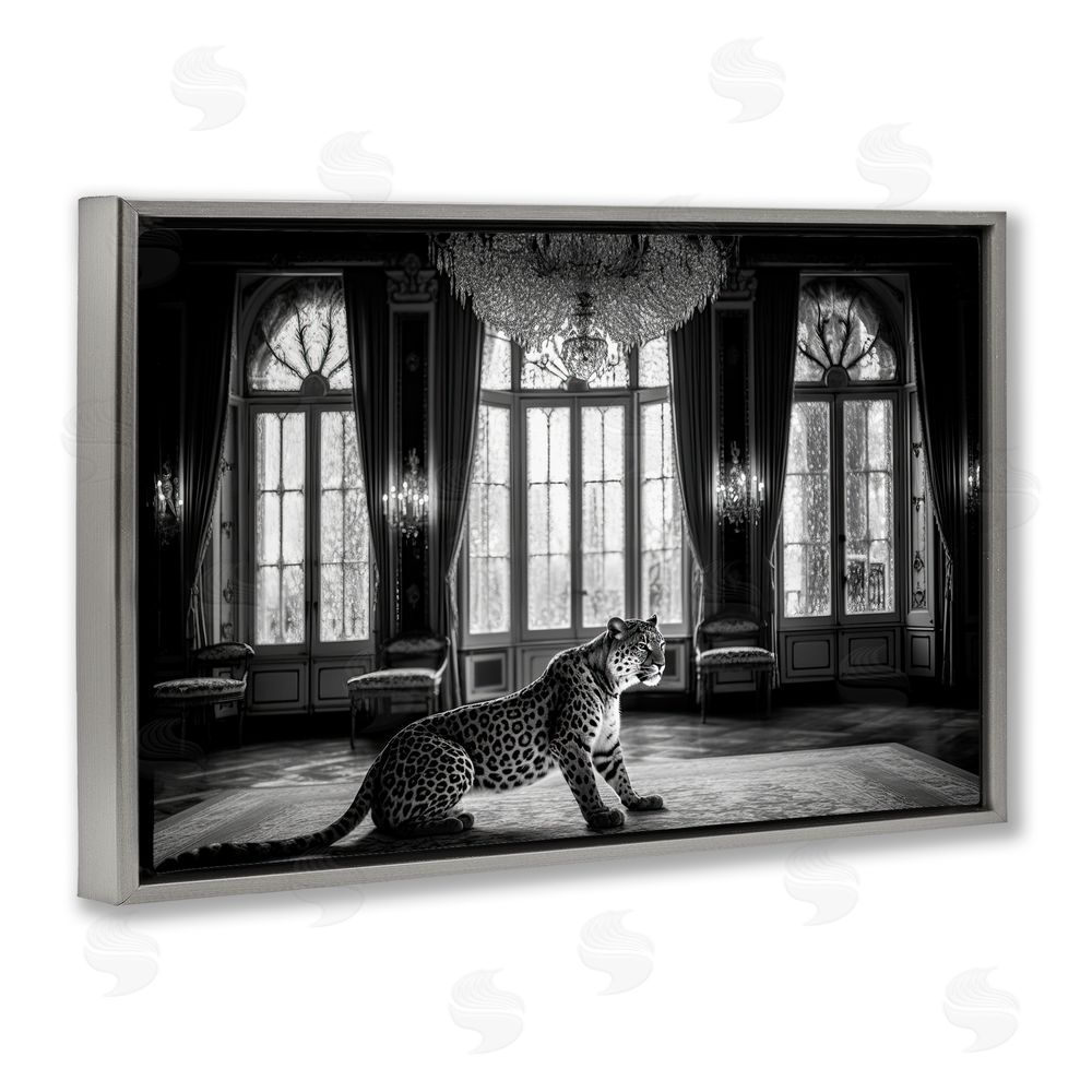 Decent Exposures Snow Leopard in Opulent Mansion Gray Floating Frame Canvas Wall Art Print
