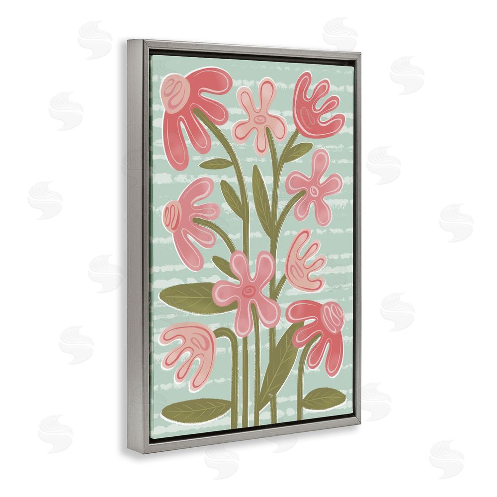 Martina Pavlova Pink Whimsy Midcentury Flowers Gray Floating Frame Canvas Wall Art Print