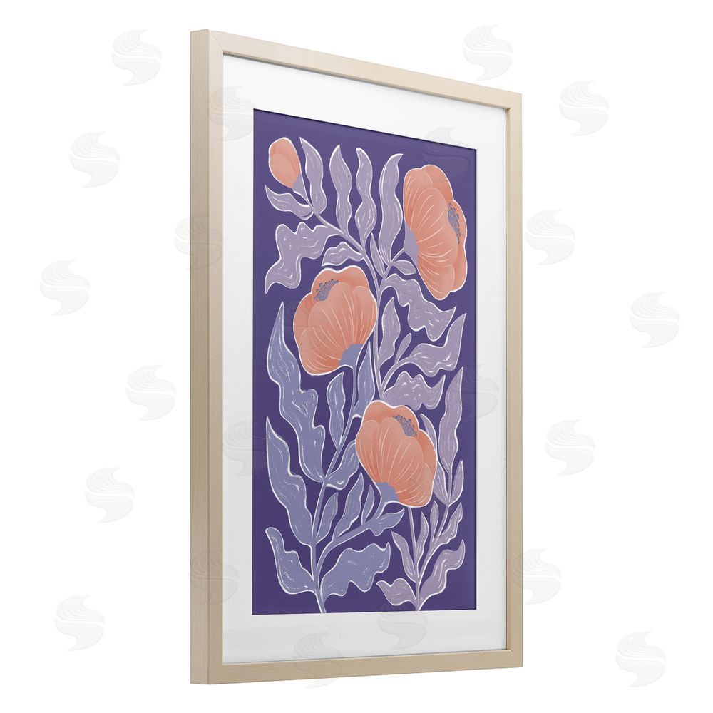Martina Pavlova Midcentury Purple Poppies Brown Framed Print Under Glass with Mat Wall Art