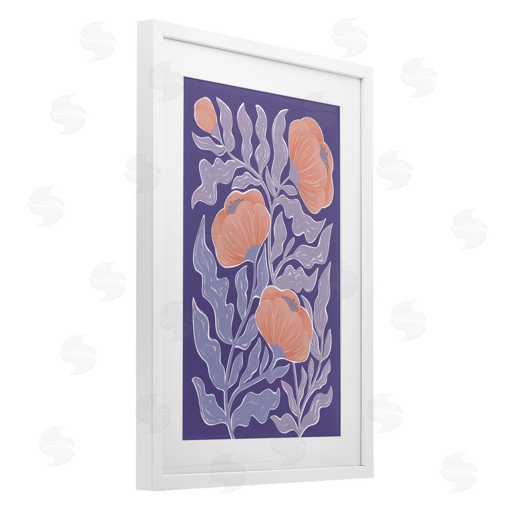 Martina Pavlova Midcentury Purple Poppies White Framed Print Under Glass with Mat Wall Art