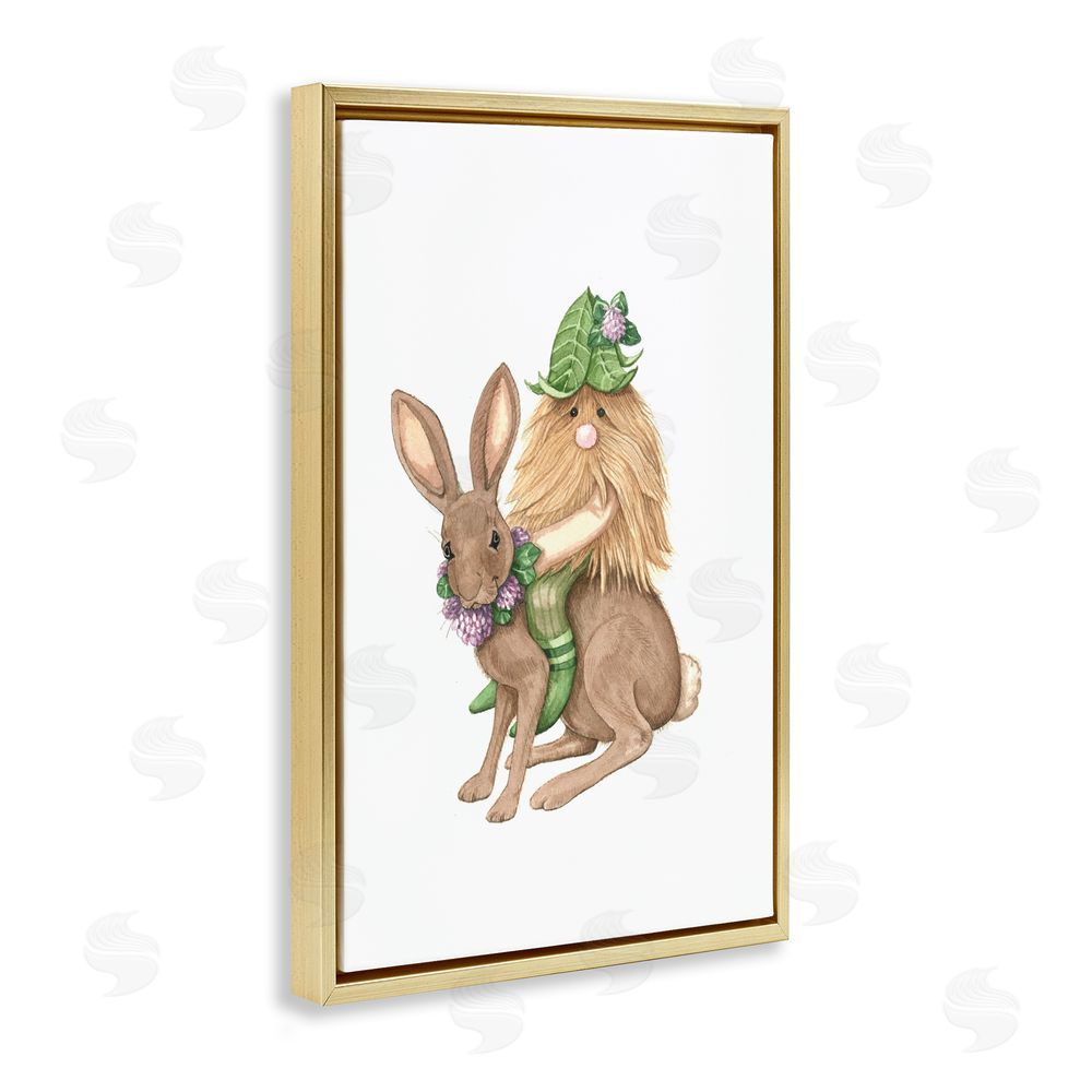 Nancy Overton Garden Elf Riding Rabbit Gold Floating Frame Canvas Wall Art Print