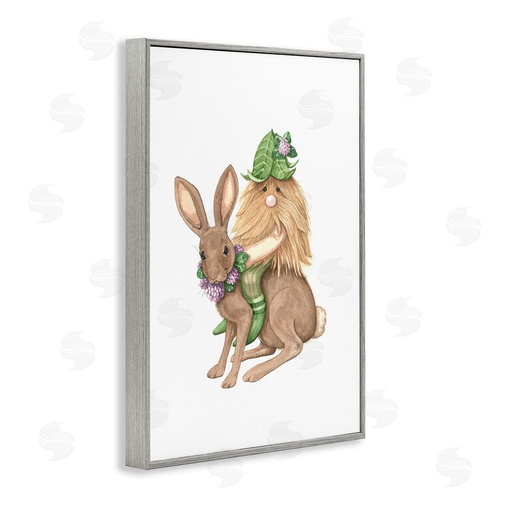 Nancy Overton Garden Elf Riding Rabbit Gray Framed Giclee Wall Art Print
