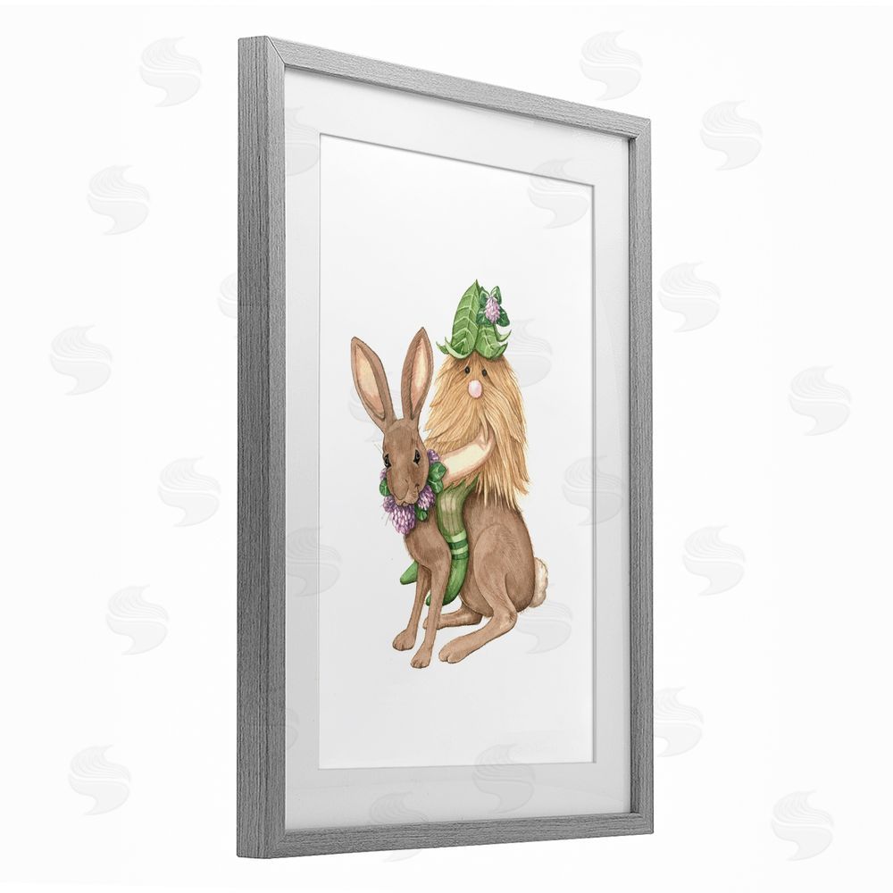 Nancy Overton Garden Elf Riding Rabbit Gray Framed Print Under Glass Wall Art