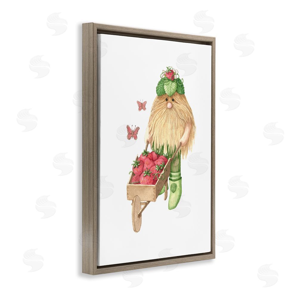 Nancy Overton Garden Elf with Wheelbarrow Brown Floating Frame Canvas Wall Art Print