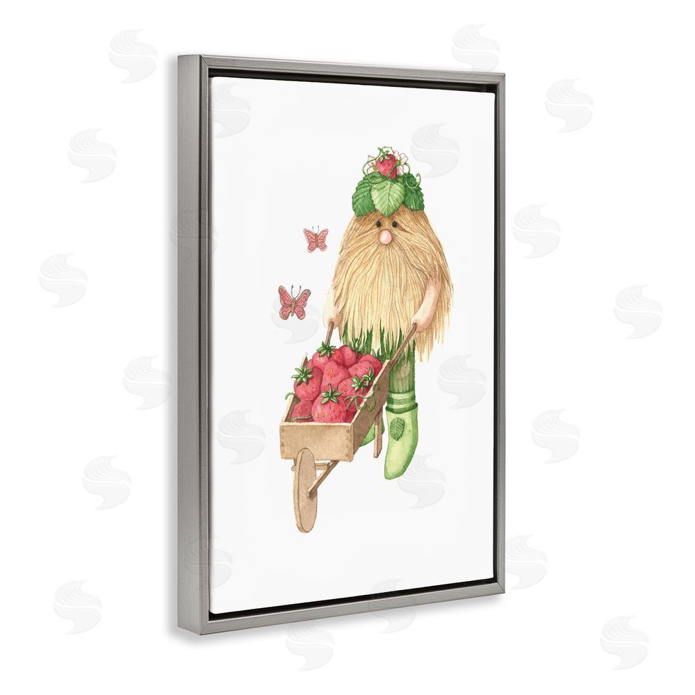 Nancy Overton Garden Elf with Wheelbarrow Gray Floating Frame Canvas Wall Art Print