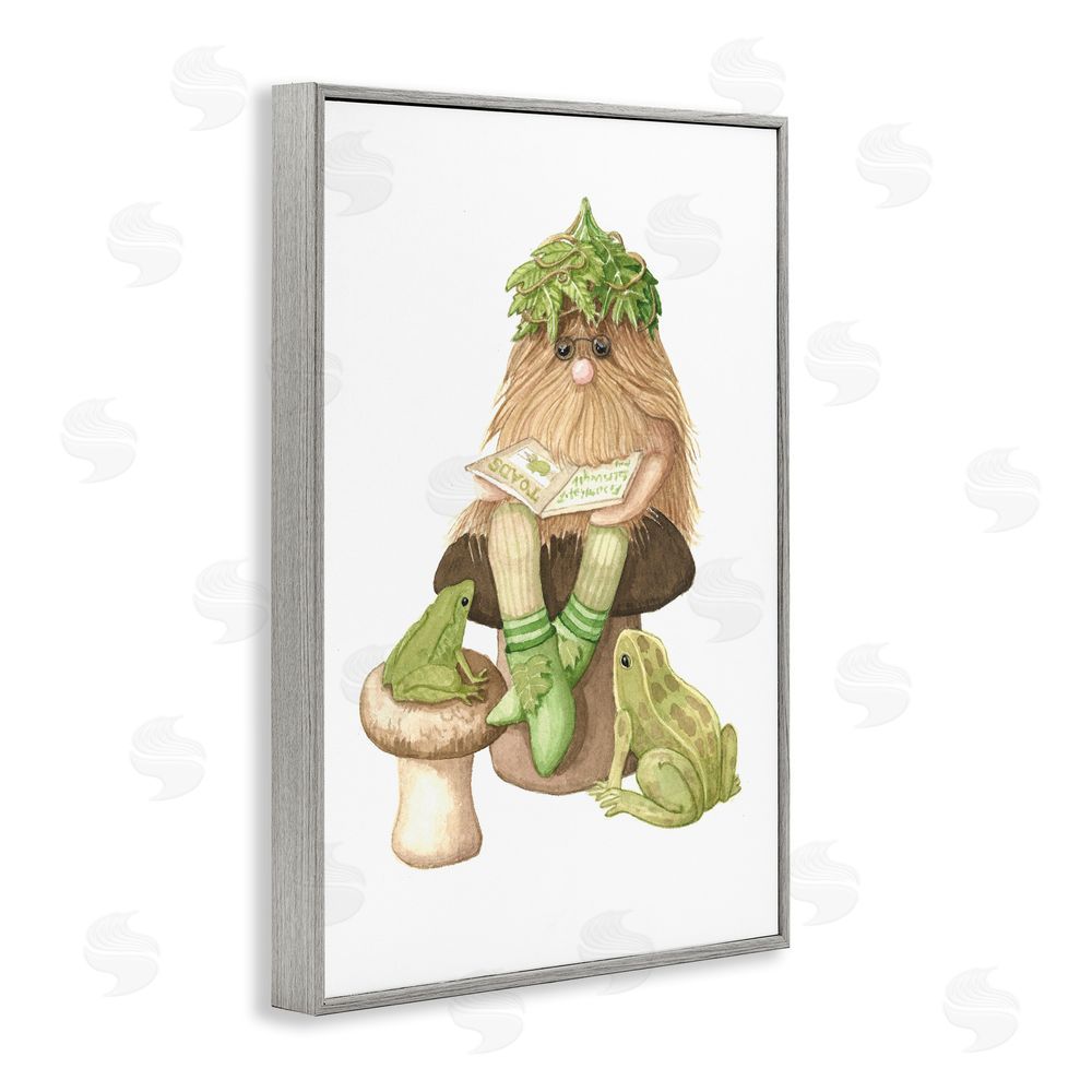 Nancy Overton Garden Elf with Frogs Gray Framed Giclee Wall Art Print