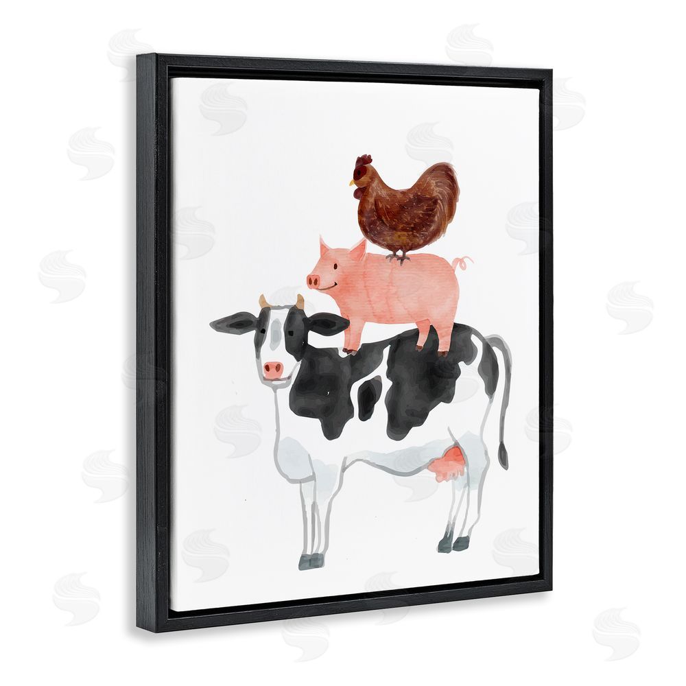 Kim Allen Farm Animal Stack Whimsy Black Floating Frame Canvas Wall Art Print