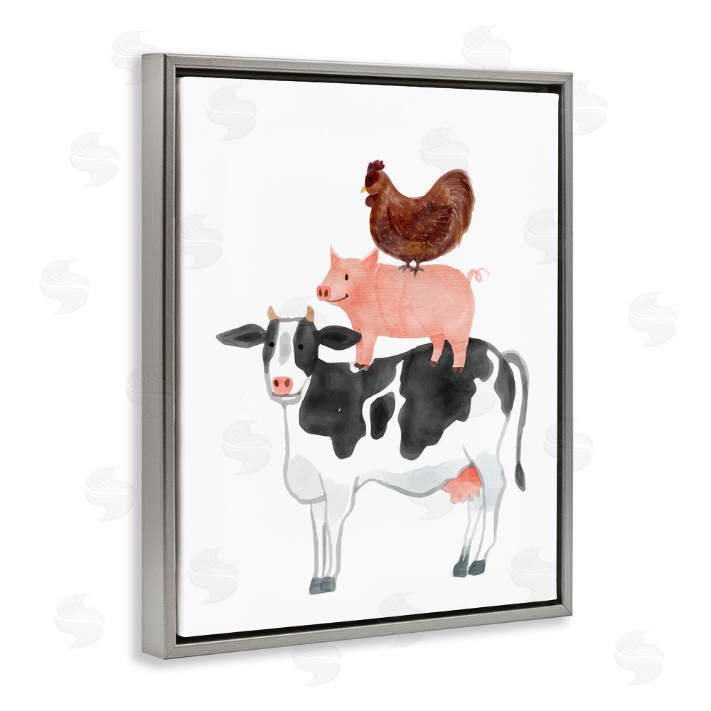 Kim Allen Farm Animal Stack Whimsy Gray Floating Frame Canvas Wall Art Print