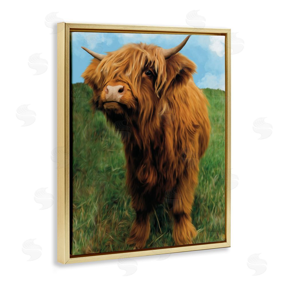 Renel Peters Mini Highland Cow Calf Gold Floating Frame Canvas Wall Art Print