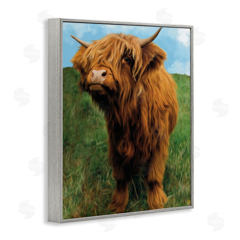 Renel Peters Mini Highland Cow Calf Gray Framed Giclee Wall Art Print