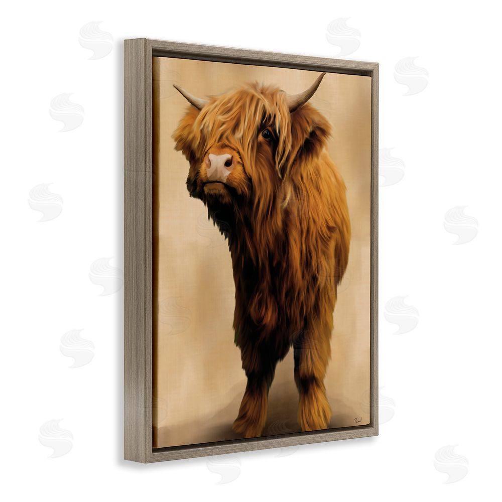 Renel Peters Mini Highland Cow on Neutrals Brown Floating Frame Canvas Wall Art Print
