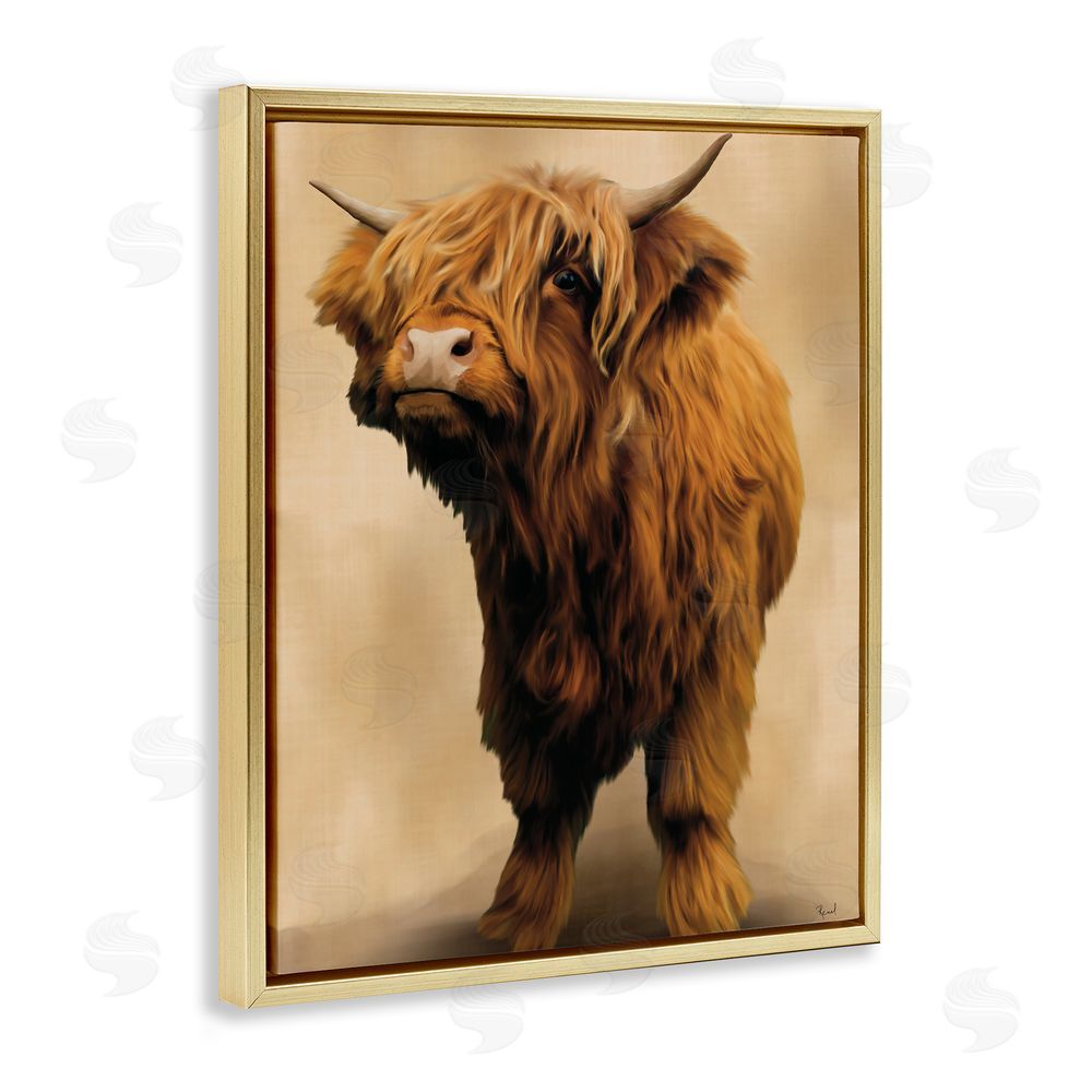 Renel Peters Mini Highland Cow on Neutrals Gold Floating Frame Canvas Wall Art Print