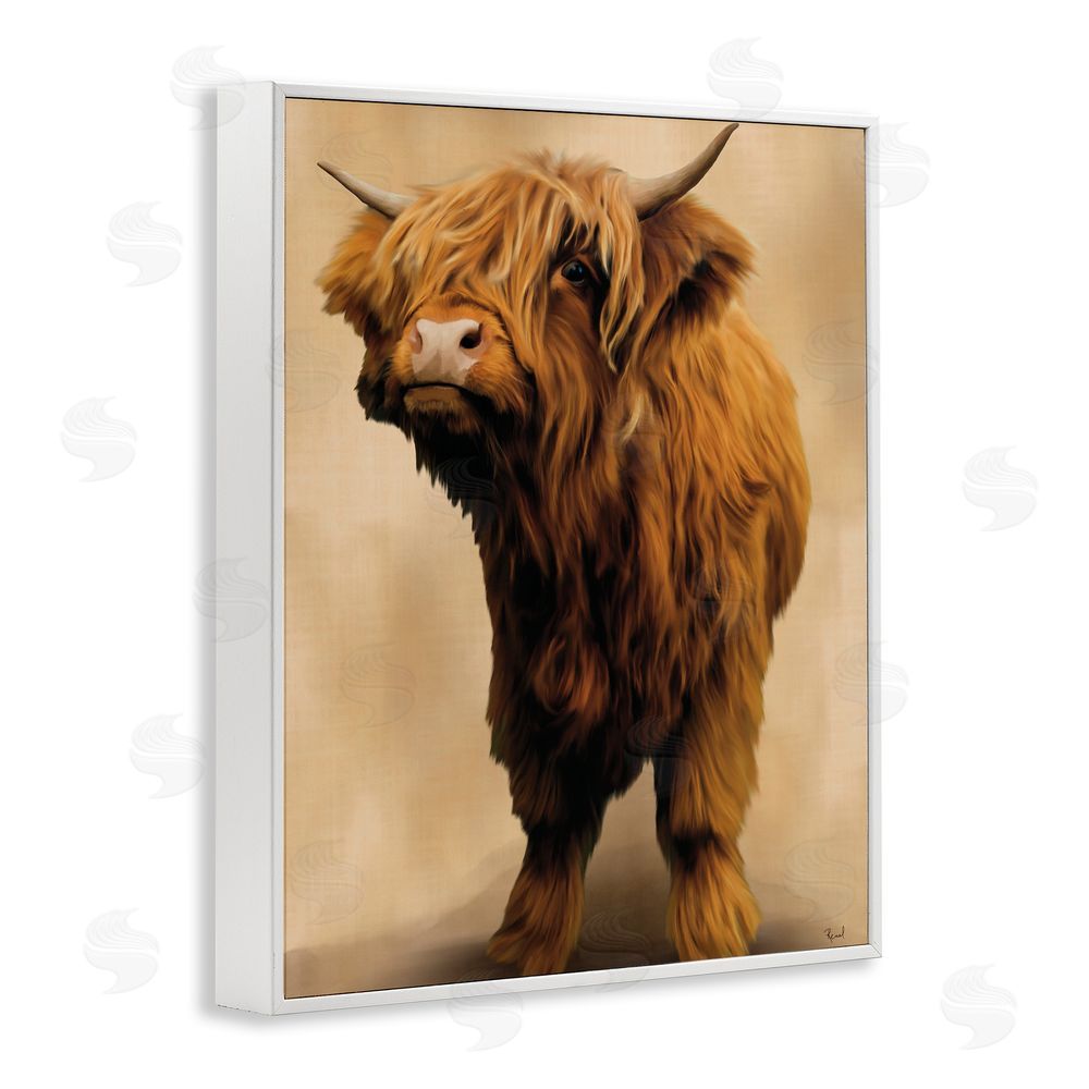Renel Peters Mini Highland Cow on Neutrals White Framed Giclee Wall Art Print