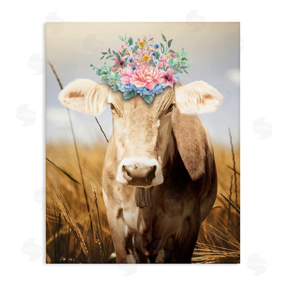 Marcus Prime Chatty Belle Cow with Florals Stretched Canvas Wall Art