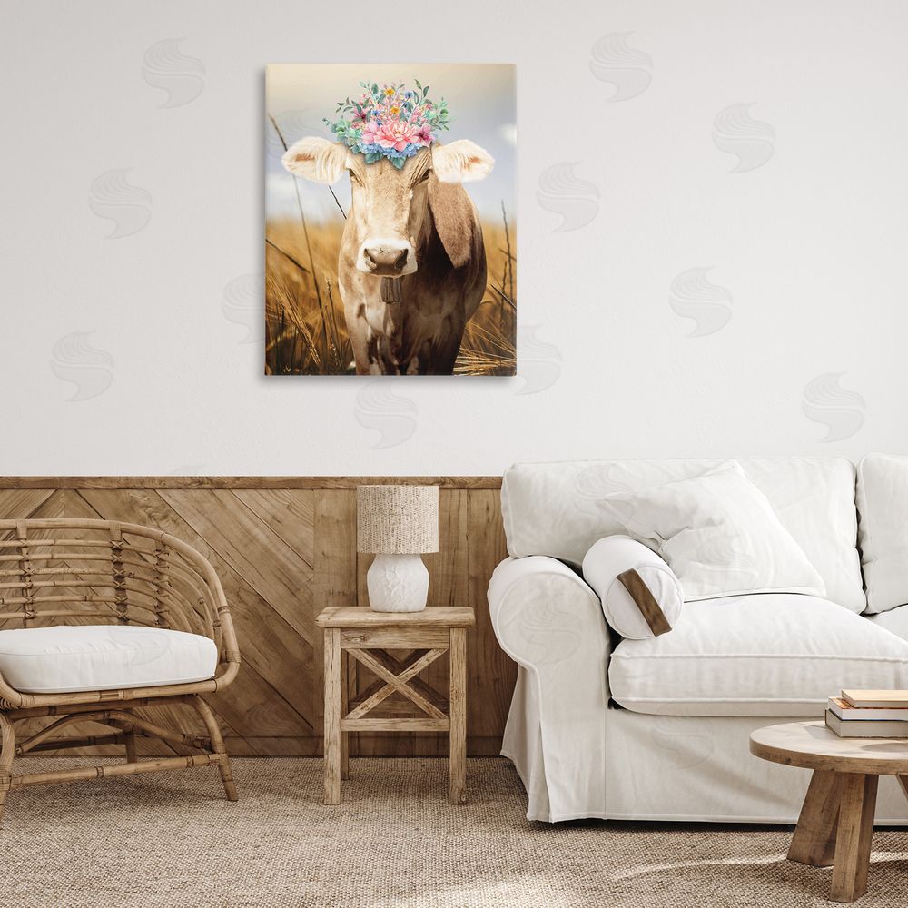 Marcus Prime Chatty Belle Cow with Florals Stretched Canvas Wall Art in Room