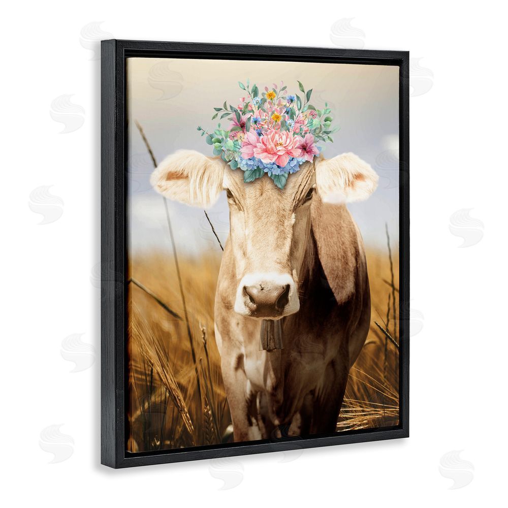 Marcus Prime Chatty Belle Cow with Florals Black Floating Frame Canvas Wall Art Print