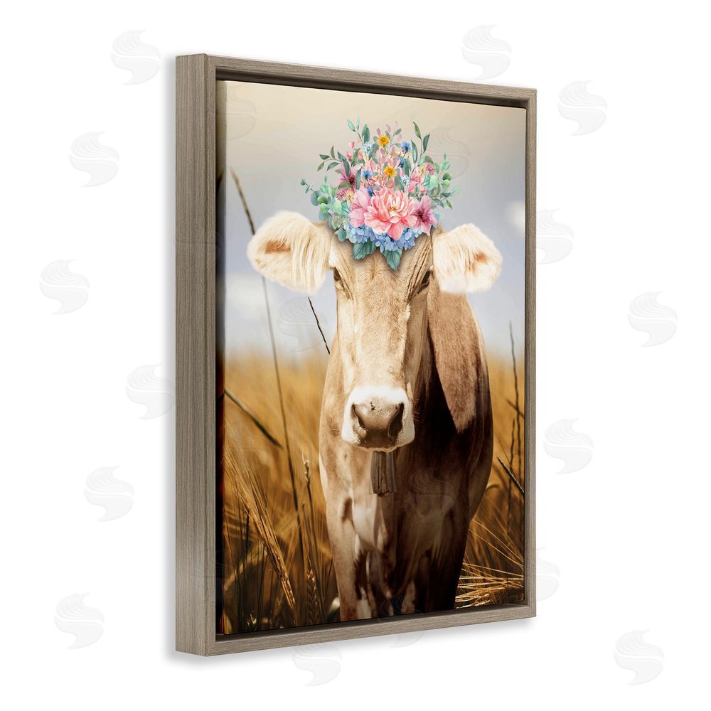 Marcus Prime Chatty Belle Cow with Florals Brown Floating Frame Canvas Wall Art Print