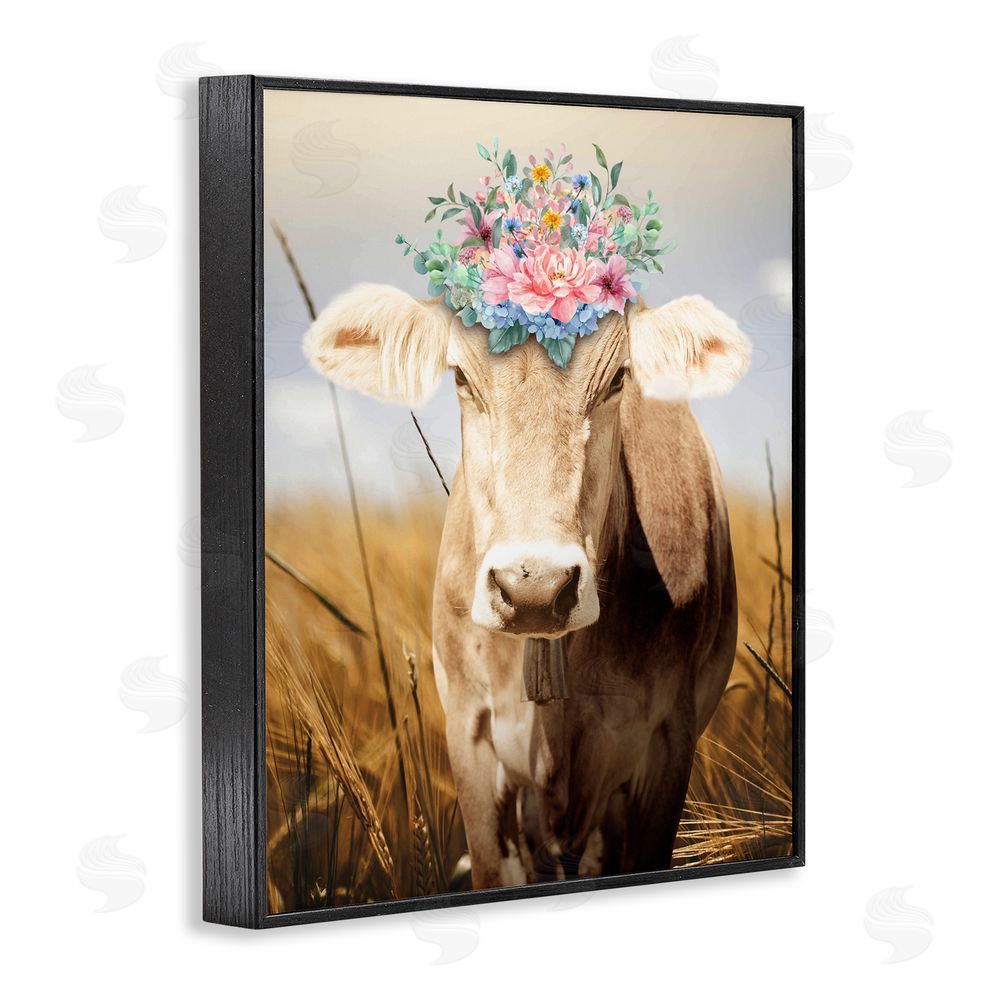 Marcus Prime Chatty Belle Cow with Florals Black Framed Giclee Wall Art Print